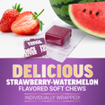 Strawberry and watermelon halves beside a Force Factor soft chew, promoting delicious individually wrapped flavor