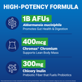 Product highlights: 1B AFUs Akkermansia, 400mcg Chromax chromium, 300mg chicory inulin.