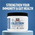 White tub of Force Factor Awesome Colostrum powder on a pedestal, promoting immune support, gut health, and recovery.