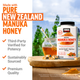 Royal Manuka Honey bottle and honey jar on a table with scenic mountain view.