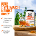 Pure New Zealand Manuka Honey supplement bottle beside honey jar on wooden table with potency, sustainability, and quality claims.