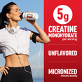 Woman drinking from a Force Factor shaker with text promoting unflavored micronized creatine monohydrate.