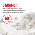 5 grams creatine powder in scoop with 60 servings, mix in liquid post-workout or on non-workout days for optimal recovery.