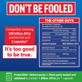 Side-by-side label comparison warns against exaggerated probiotic claims, highlighting ProbioSlim's third-party validation.