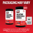 Force Factor Creatine Monohydrate Gummies old and new packaging with NSF Certified Sport badge and 150 gummies count.