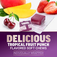 Mango, strawberries, and cherries beside a Force Factor soft chew, promoting tropical fruit punch flavor