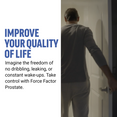 Man entering a room with text promoting quality of life improvements and prostate health benefits.