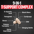 9-in-1 T-support complex diagram listing D-aspartic acid, fenugreek, maca, boron, and more.
