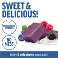 Purple soft chews surrounded by berries, labeled as sweet and delicious, individually wrapped for no mess.