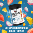 DietAid container with vibrant fruit pieces and water splash, promoting tropical fruit flavor and key benefits.