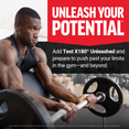 Focused man lifting barbell under Unleash Your Potential headline promoting Test X180 Unleashed.
