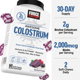 Awesome Colostrum bottle featuring benefits like gut health, recovery, hair, and skin support with 2g colostrum per serving.