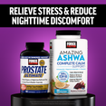 Prostate Ultimate and Amazing Ashwa bottles under headline relieve stress and reduce nighttime discomfort.