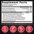 Supplement facts showing vitamins D, B6, B12, and testosterone amplification matrix with natural extracts.