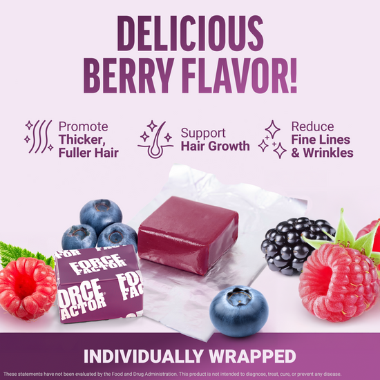 Berry flavor soft chew with fruit visuals and text promoting hair growth, thicker hair, and reduced wrinkles.
