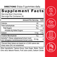 Supplement facts for gummies, detailing calories, sugars, sodium, and key ingredients with serving instructions.