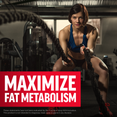 Woman in gym using battle ropes with bold red text stating “Maximize Fat Metabolism” across lower portion of image.