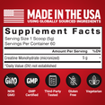 Supplement facts showing creatine monohydrate content and icons for non-GMO, GMP certified, gluten-free, and vegetarian.