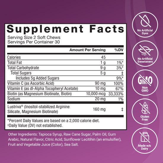 Supplement facts panel listing vitamins, biotin, and Lustriva®, with non-GMO, gluten-free, and no artificial ingredients icons.