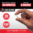Hand holding a single capsule with callouts for fast-acting results in 30 minutes and effects lasting up to 6 hours
