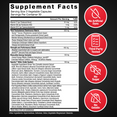 Supplement facts panel for Test X180 Unleashed with icons for no dyes, third-party tested, no sugar, no gelatin.
