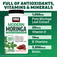 Force Factor Modern Moringa bottle highlighting 1,000mg pure moringa leaf extract, 20mcg vitamin D, 14mg B vitamins, and 5,000mcg biotin

