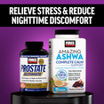 Prostate Ultimate and Amazing Ashwa bottles promoting stress relief and reduced nighttime discomfort.
