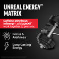 Unreal Energy Matrix graphic with dumbbells and text about caffeine blend for focus and energy.