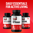 Force Factor Acetyl L-Carnitine, Women's Fat Burner, and Caffeine bottles with text daily essentials for active living