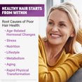 Woman in yellow sweater smiling with seven root causes of poor hair health listed