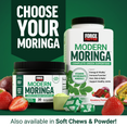 Force Factor Modern Moringa capsules and powder formats displayed with strawberries and passion fruit