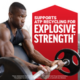 Man lifting barbell with text stating ATP recycling support for explosive strength.