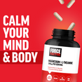 Bottle of Force Factor supplement with magnesium and L-theanine, capsules being poured out, on a red background.