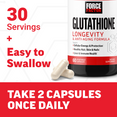 Force Factor Glutathione Longevity bottle with two capsules showing 30 servings, take 2 capsules daily
