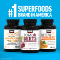Three black bottles of Force Factor superfood supplements with #1 Superfoods Brand in America claim on blue background.