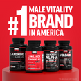 Four supplement bottles with bold text stating "#1 Male Vitality Brand in America" on a red background.