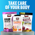 Force Factor Hair Growth Accelerator, Better Turmeric, and Total Beets products for taking care of your body