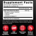 Supplement facts panel detailing triple-action blood flow matrix ingredients, serving size, and GMP testing icons