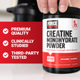 Force Factor Creatine Monohydrate Powder shown with text emphasizing quality, clinical research, and third-party testing.