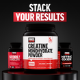 Stack Your Results graphic featuring Creatine Monohydrate Powder with Score Hardcore and Nitric Oxide Booster bottles.
