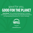 Force Factor carbon neutrality certification graphic promoting sustainability and environmental responsibility.