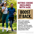 Couple jogging with text encouraging nitric oxide support for circulation and blood pressure.