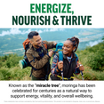 Two hikers in mountains with text explaining moringa known as the miracle tree supports energy, vitality, and overall wellbeing
