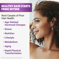 Woman with curly hair with seven root causes of poor hair health listed