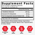 Glutathione supplement facts panel with no artificial dyes, no gelatin, no gluten, vegan icons

