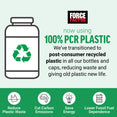 Force Factor graphic announcing 100% PCR plastic use to reduce waste, carbon emissions, and energy consumption.