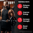 Muscular man lifting barbell with icons listing enhance vitality, improve energy, increase strength, and boost drive