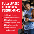 Innovative supplement for drive and performance with L-Citrulline, Tribulus terrestris, Black Maca, and Ashwagandha.