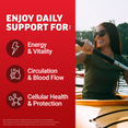 Woman kayaking with icons showing supplement supports energy, circulation and blood flow, and cellular health