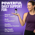 Woman holding Force Factor Super GLP-1 Plus Akkermansia capsules with text showing daily support for natural GLP-1 levels, body composition, metabolic function, and gut health
